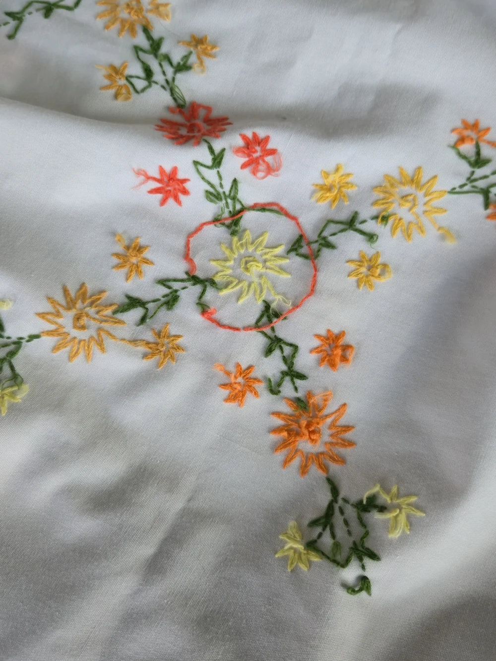 Vintage Hand-Embroidered Floral Tablecloth - Cottagecore Scalloped Edge